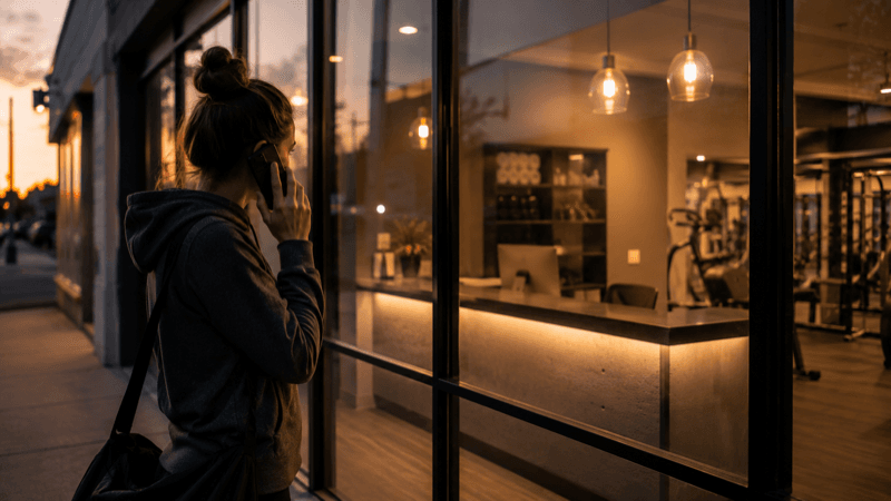 Busy gym front desk with phone ringing and overwhelmed staff — missed calls cost gyms thousands per week